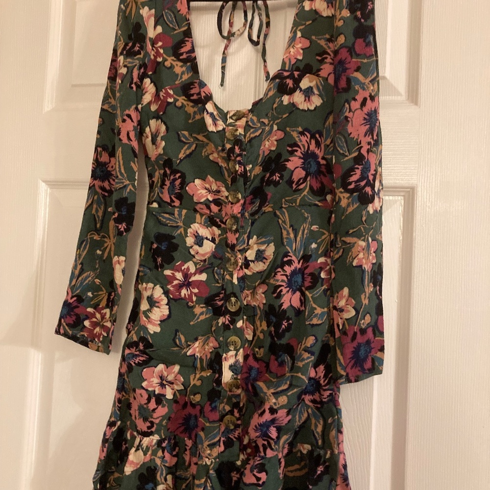 Free People Green Floral Dress Long Sleeve Square Neck Button Front Mini